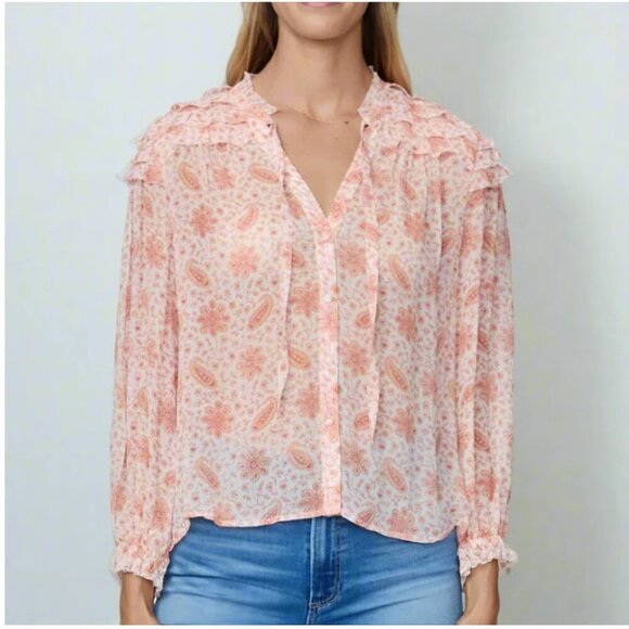 Paige Margret Paisley Frill Silk Georgette Shirt Medium Long Sleeve Sherbert - Picture 1 of 8